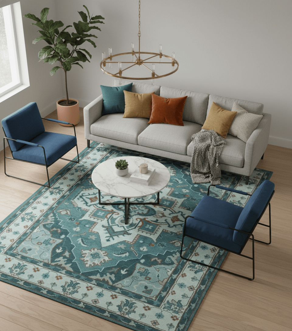 Teal and Silver Traditional Heriz Floral Hand Knotted Multi Size wool Area Rug.