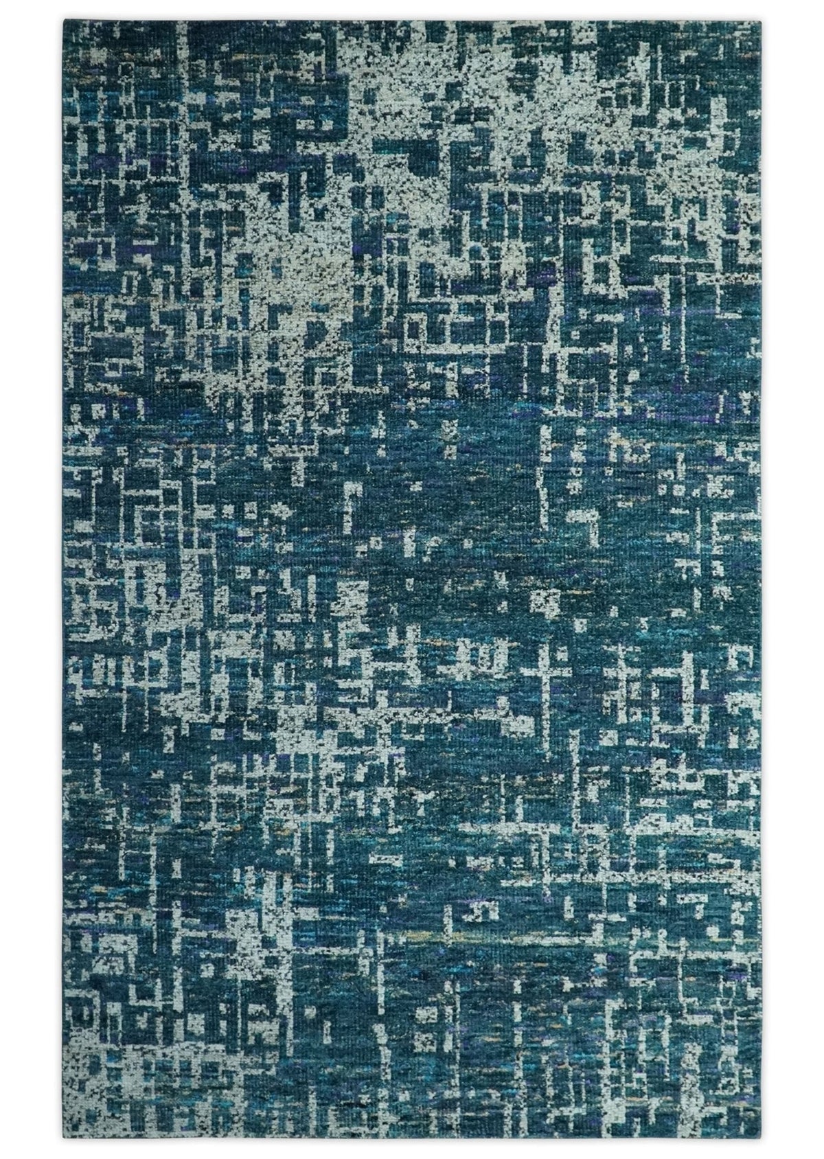 Teal, Blue and Silver 5x8 Hand Knotted Modern Abstract Art Silk Area Rug.