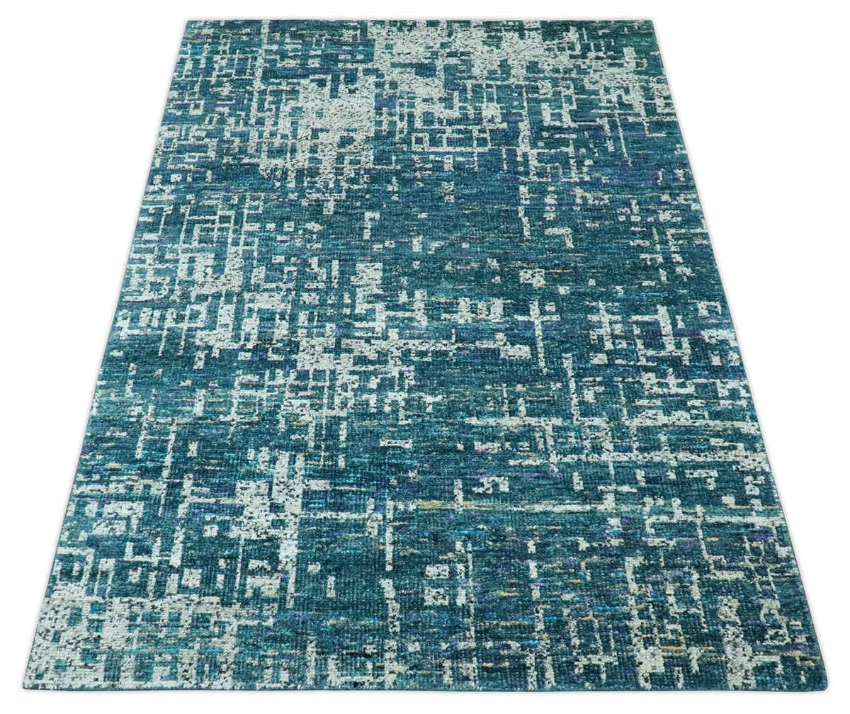 Teal, Blue and Silver 5x8 Hand Knotted Modern Abstract Art Silk Area Rug.