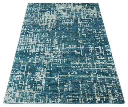 Teal, Blue and Silver 5x8 Hand Knotted Modern Abstract Art Silk Area Rug.