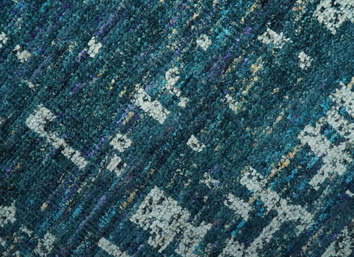 Teal, Blue and Silver 5x8 Hand Knotted Modern Abstract Art Silk Area Rug.