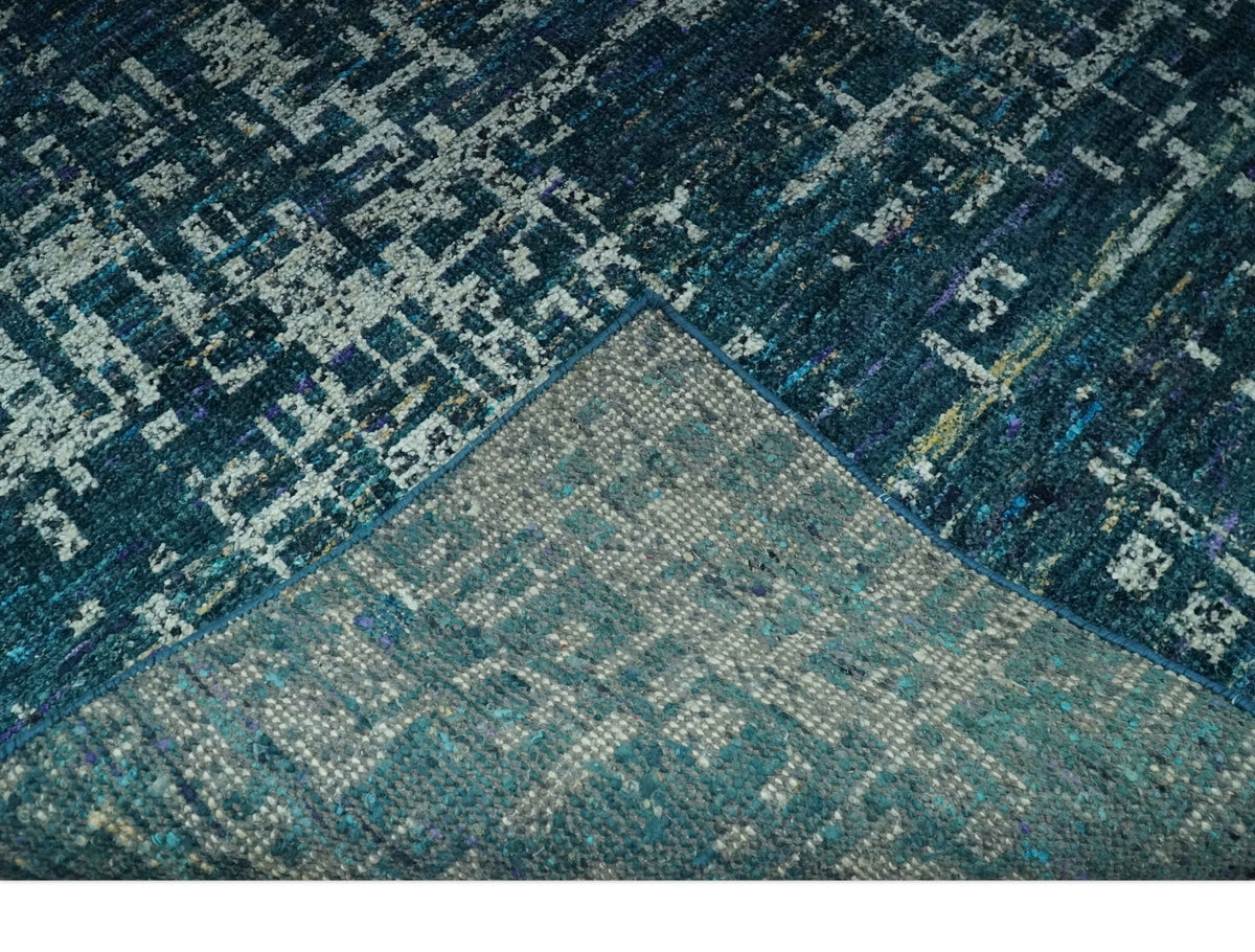 Teal, Blue and Silver 5x8 Hand Knotted Modern Abstract Art Silk Area Rug.