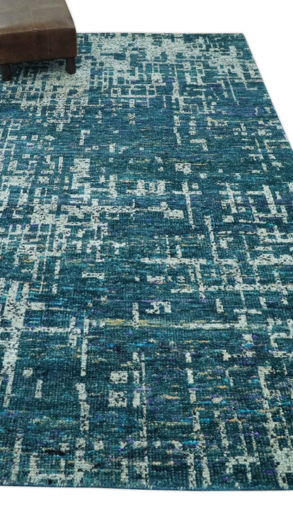 Teal, Blue and Silver 5x8 Hand Knotted Modern Abstract Art Silk Area Rug.