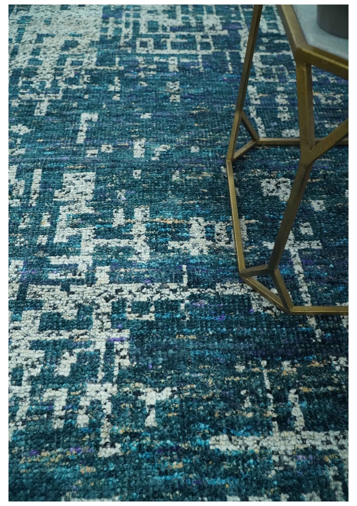 Teal, Blue and Silver 5x8 Hand Knotted Modern Abstract Art Silk Area Rug.