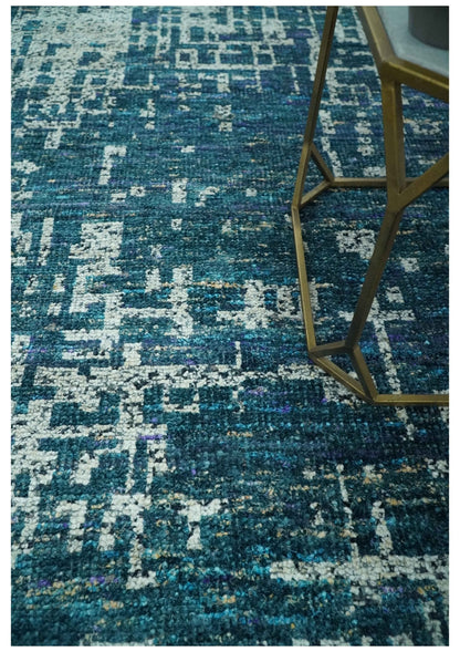 Teal, Blue and Silver 5x8 Hand Knotted Modern Abstract Art Silk Area Rug.