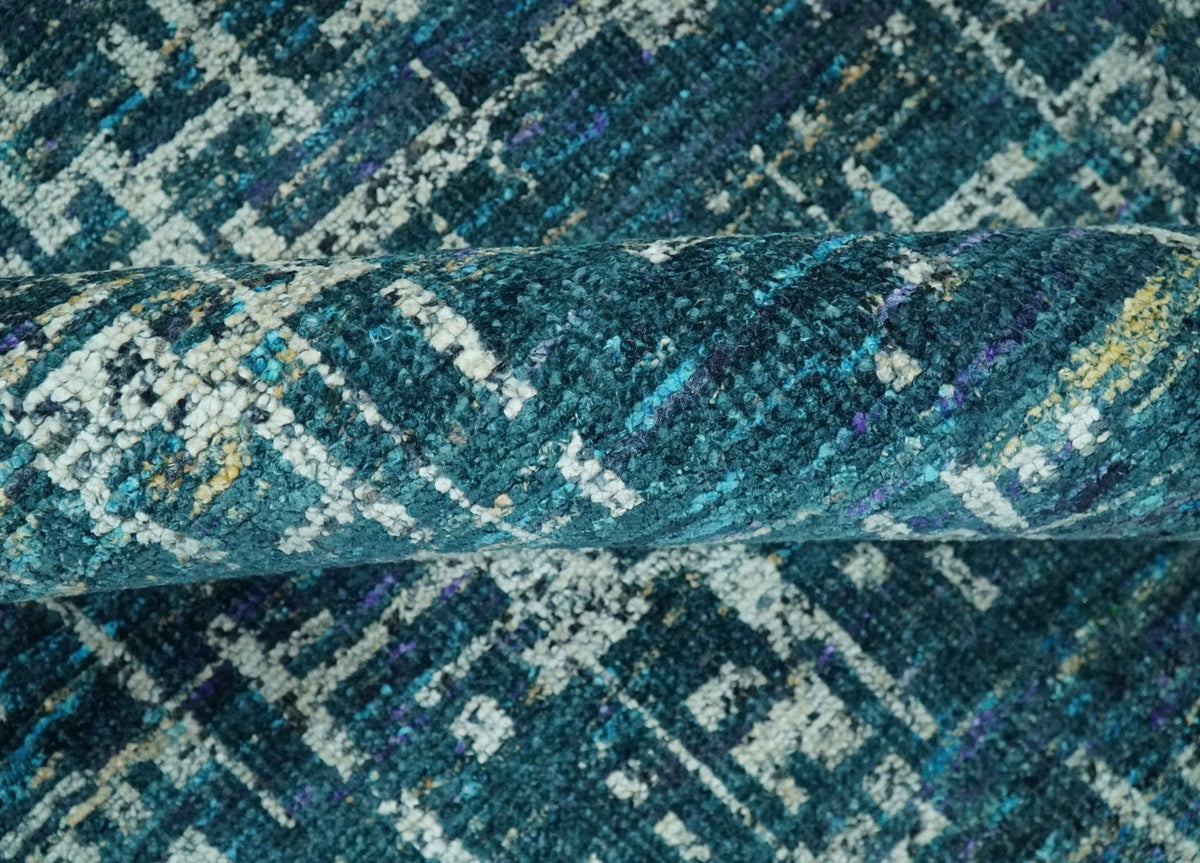 Teal, Blue and Silver 5x8 Hand Knotted Modern Abstract Art Silk Area Rug.
