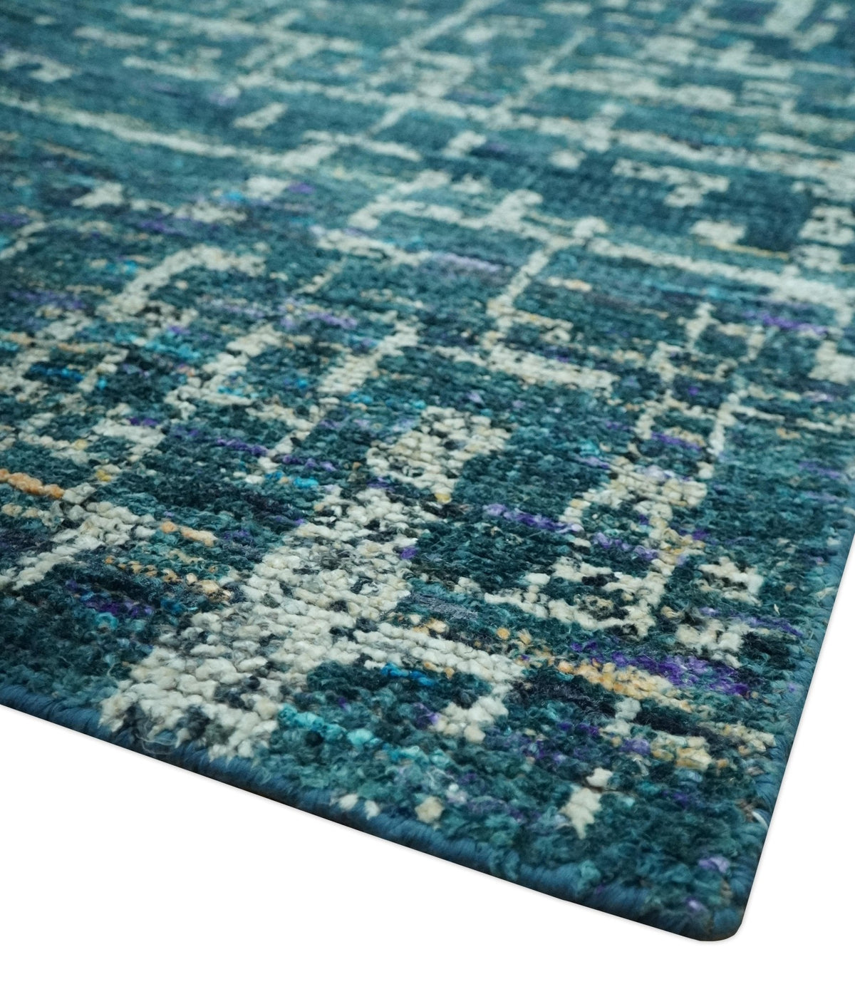 Teal, Blue and Silver 5x8 Hand Knotted Modern Abstract Art Silk Area Rug.
