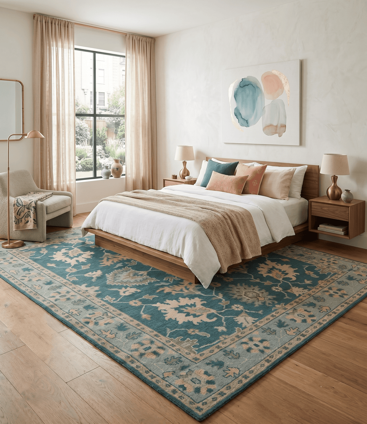 Teal, Gray and Beige Hand Knotted Traditional Oushak Custom Made wool Area Rug.