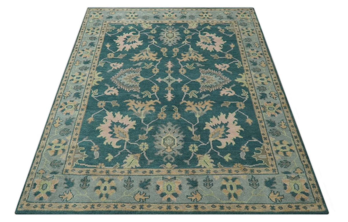 Teal, Gray and Beige Hand Knotted Traditional Oushak Custom Made wool Area Rug.
