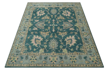 Teal, Gray and Beige Hand Knotted Traditional Oushak Custom Made wool Area Rug.
