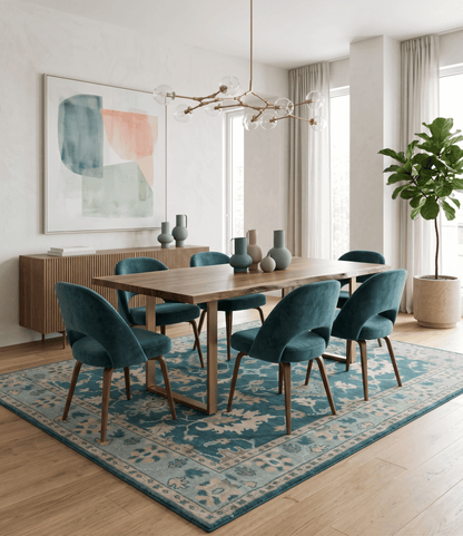 Teal, Gray and Beige Hand Knotted Traditional Oushak Custom Made wool Area Rug.