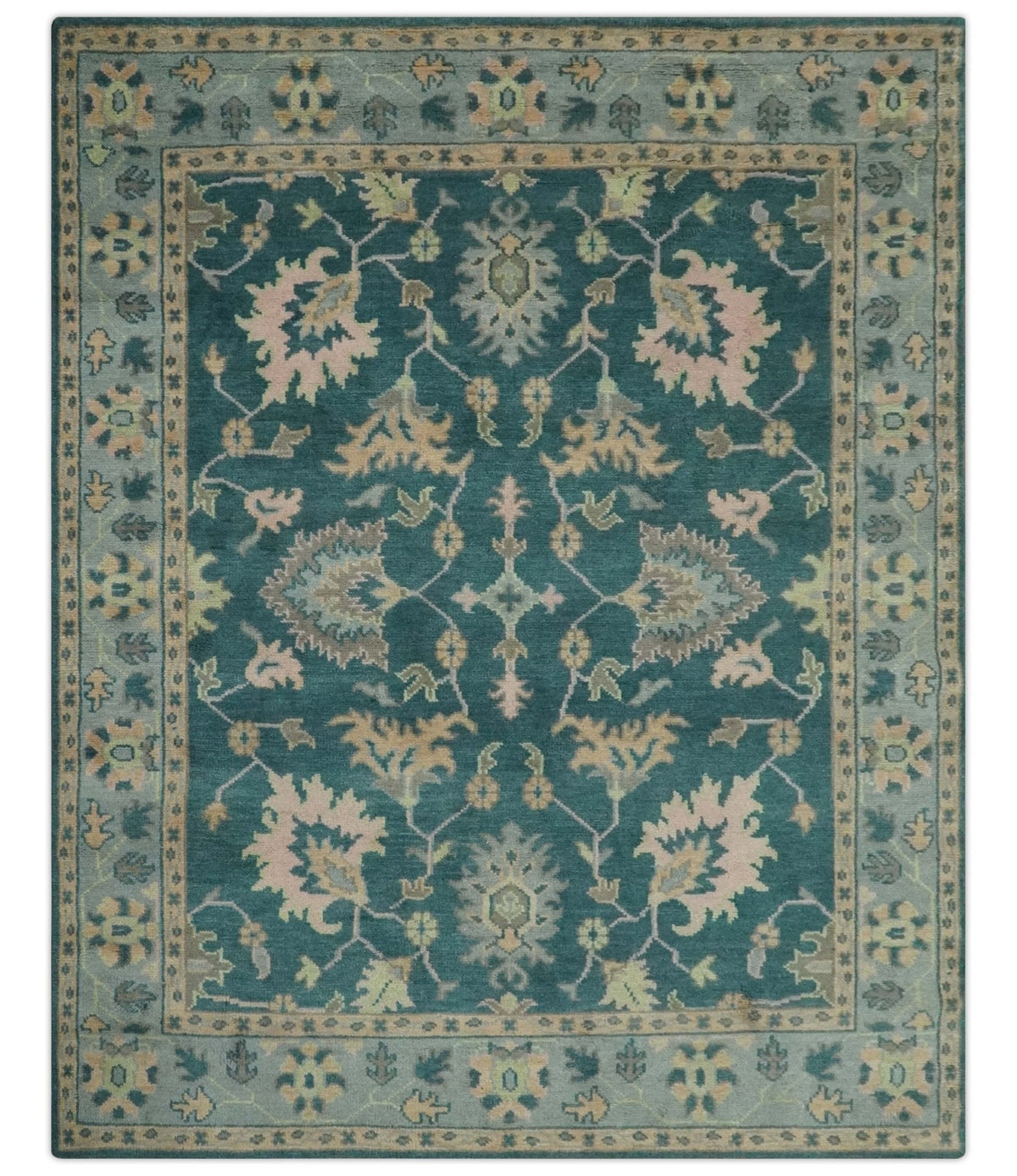 Teal, Gray and Beige Hand Knotted Traditional Oushak Custom Made wool Area Rug.