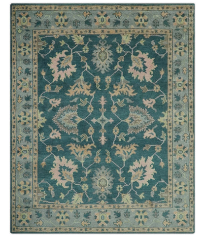 Teal, Gray and Beige Hand Knotted Traditional Oushak Custom Made wool Area Rug.