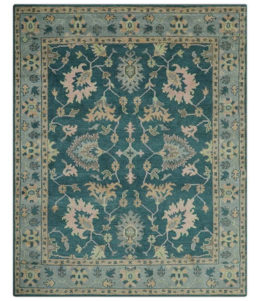 Teal, Gray and Beige Hand Knotted Traditional Oushak Custom Made wool Area Rug.