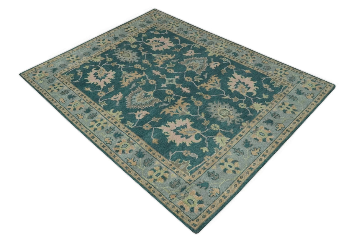 Teal, Gray and Beige Hand Knotted Traditional Oushak Custom Made wool Area Rug.