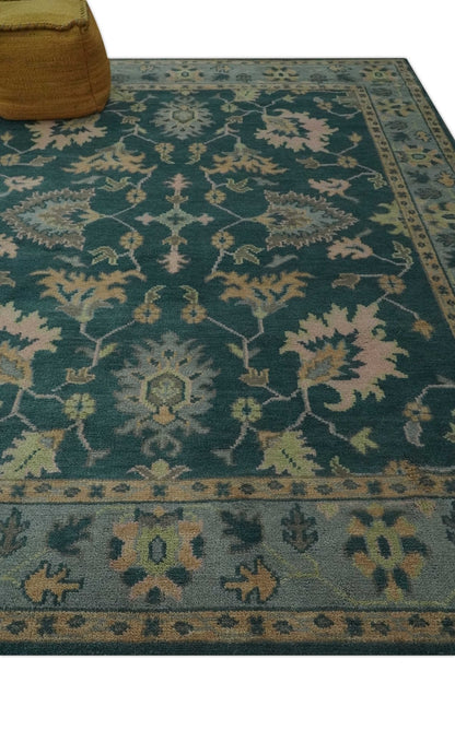 Teal, Gray and Beige Hand Knotted Traditional Oushak Custom Made wool Area Rug.