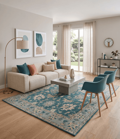Teal, Gray and Beige Hand Knotted Traditional Oushak Custom Made wool Area Rug.