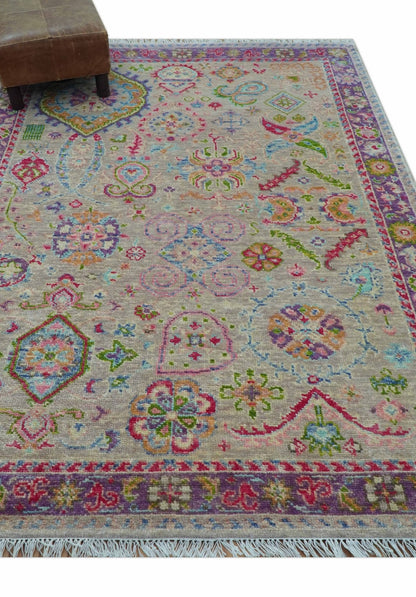 Terra Custom Made Traditional Tribal Design Beige And Pink Hand Knotted Wool Rug.