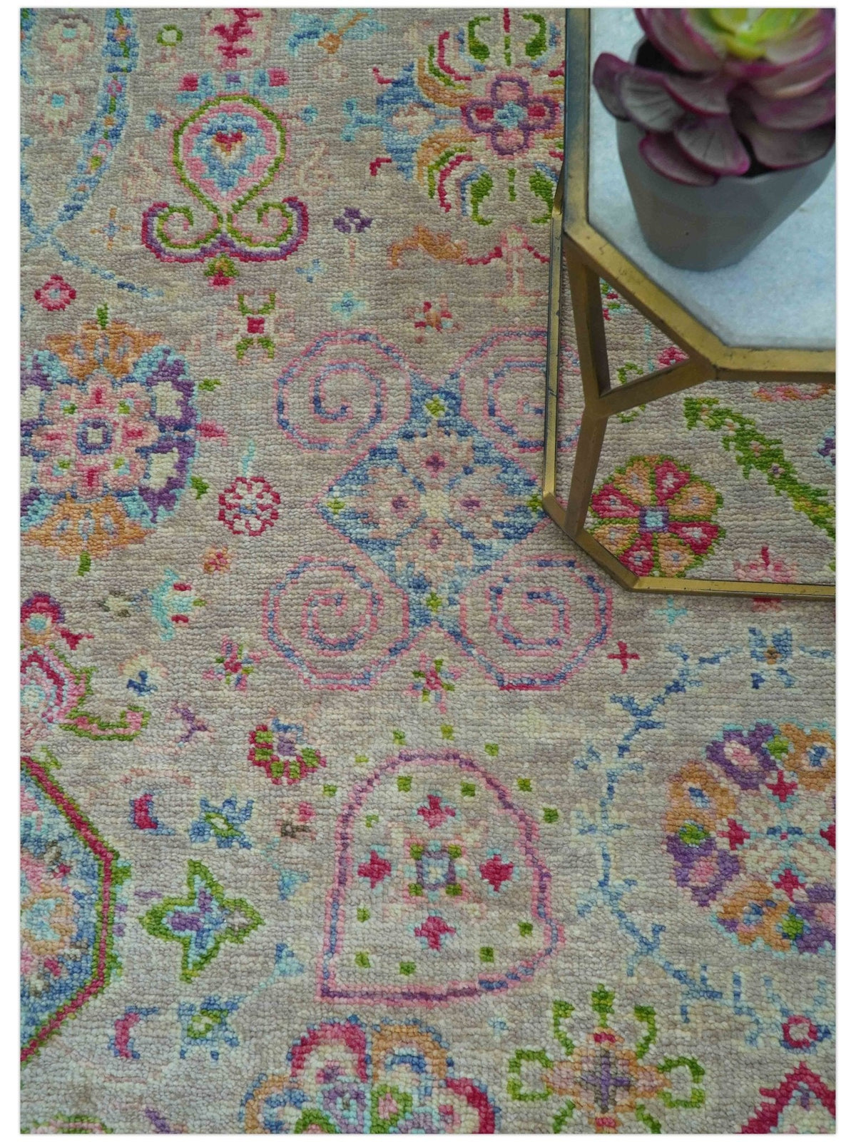 Terra Custom Made Traditional Tribal Design Beige And Pink Hand Knotted Wool Rug.