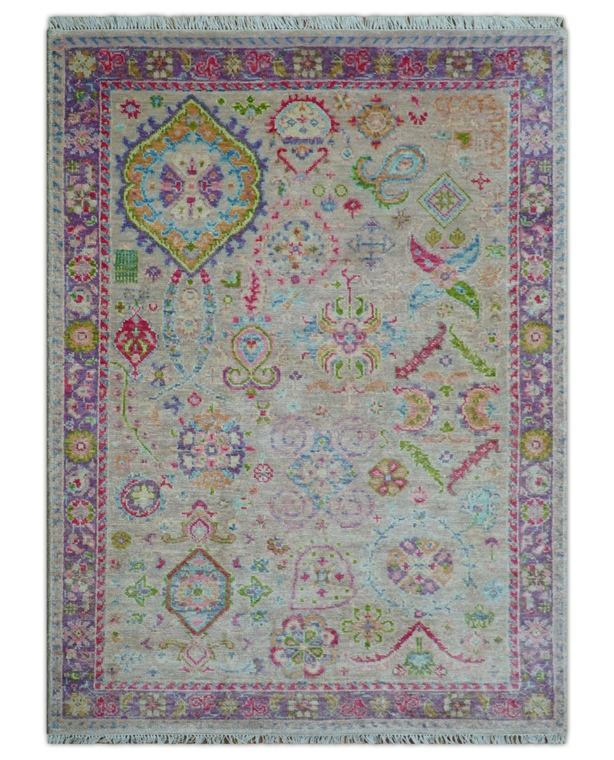 Terra Custom Made Traditional Tribal Design Beige And Pink Hand Knotted Wool Rug.
