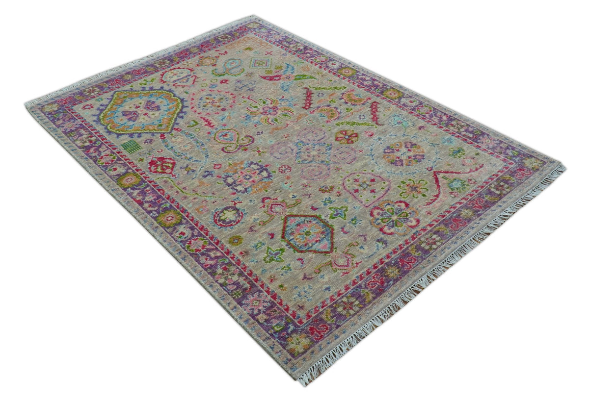 Terra Custom Made Traditional Tribal Design Beige And Pink Hand Knotted Wool Rug.