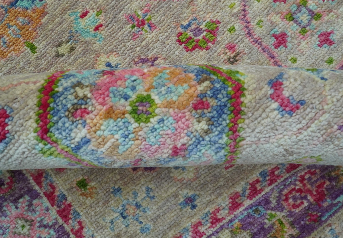 Terra Custom Made Traditional Tribal Design Beige And Pink Hand Knotted Wool Rug.