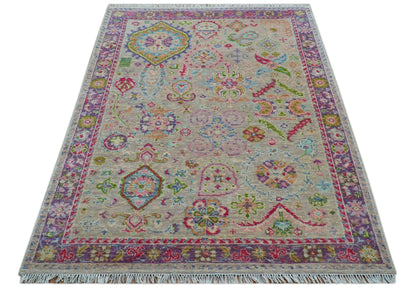 Terra Custom Made Traditional Tribal Design Beige And Pink Hand Knotted Wool Rug.