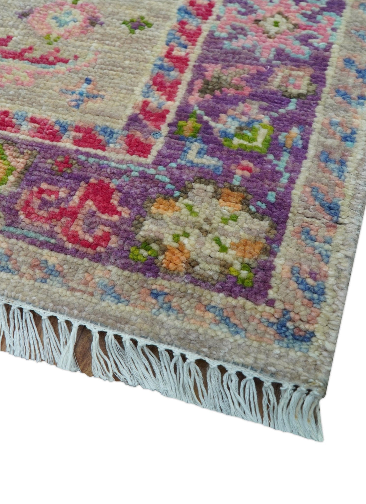 Terra Custom Made Traditional Tribal Design Beige And Pink Hand Knotted Wool Rug.