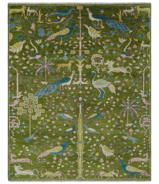 The Green Jungle Life Teal and Peach Peacock Bird Hand Knotted Custom Made Wool Area Rug.