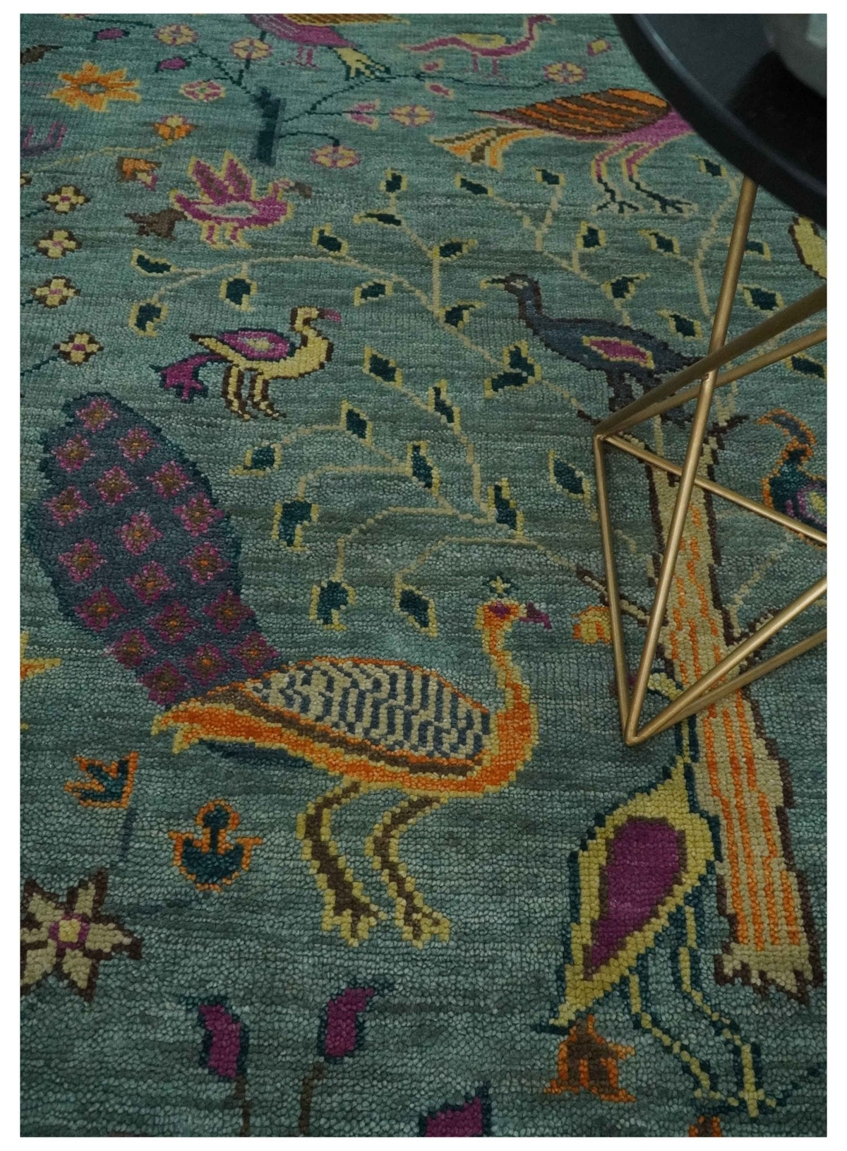 The Jungle Life Peacock on tree Rug Hand Knotted Multi Size Green Wool Rug.