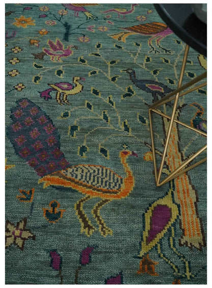 The Jungle Life Peacock on tree Rug Hand Knotted Multi Size Green Wool Rug.