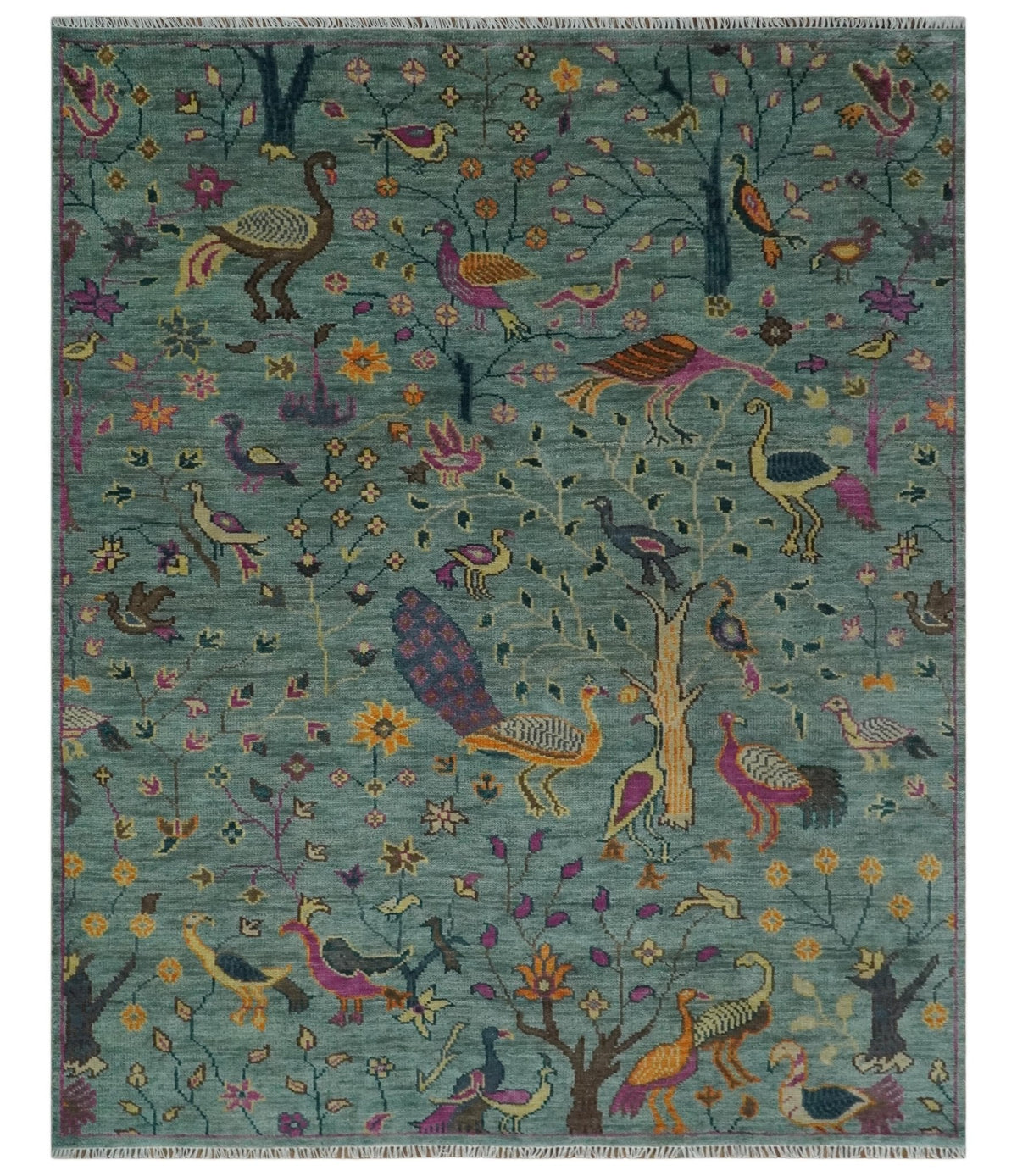The Jungle Life Peacock on tree Rug Hand Knotted Multi Size Green Wool Rug.
