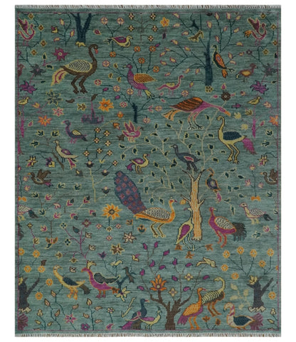 The Jungle Life Peacock on tree Rug Hand Knotted Multi Size Green Wool Rug.