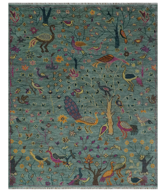 The Jungle Life Peacock on tree Rug Hand Knotted Multi Size Green Wool Rug.