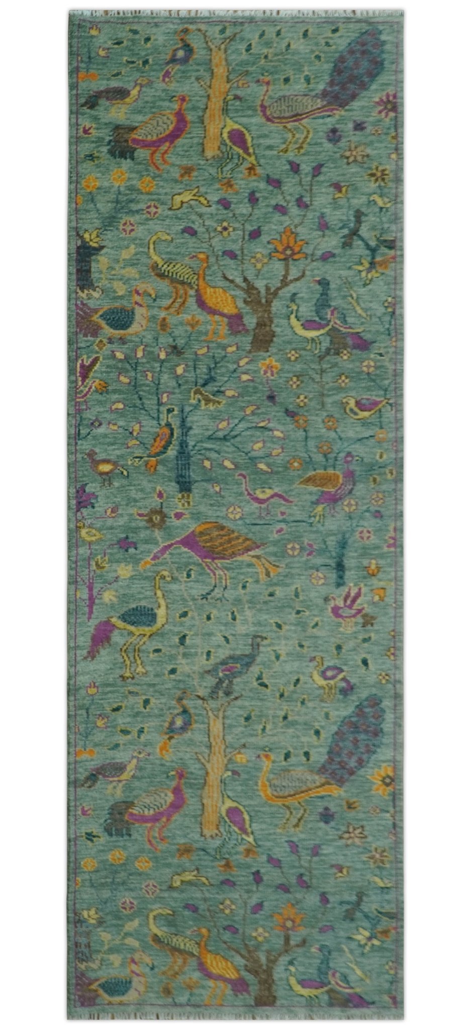 The Jungle Life Peacock on tree Rug Hand Knotted Multi Size Green Wool Rug.