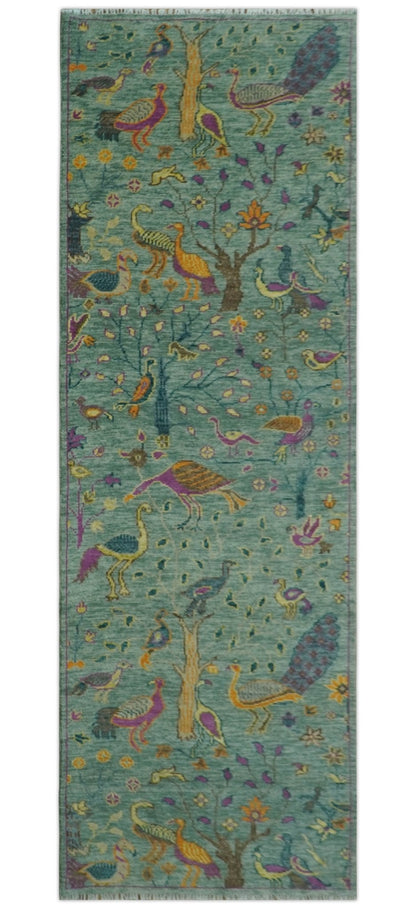 The Jungle Life Peacock on tree Rug Hand Knotted Multi Size Green Wool Rug.