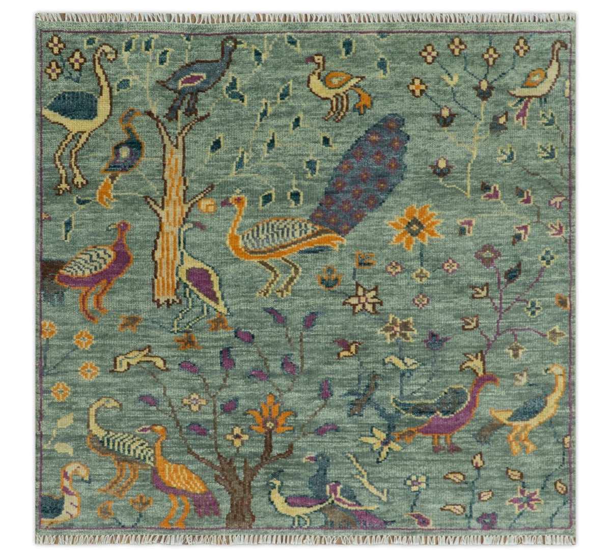 The Jungle Life Peacock on tree Rug Hand Knotted Multi Size Green Wool Rug.
