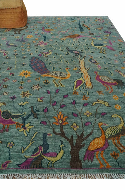 The Jungle Life Peacock on tree Rug Hand Knotted Multi Size Green Wool Rug.
