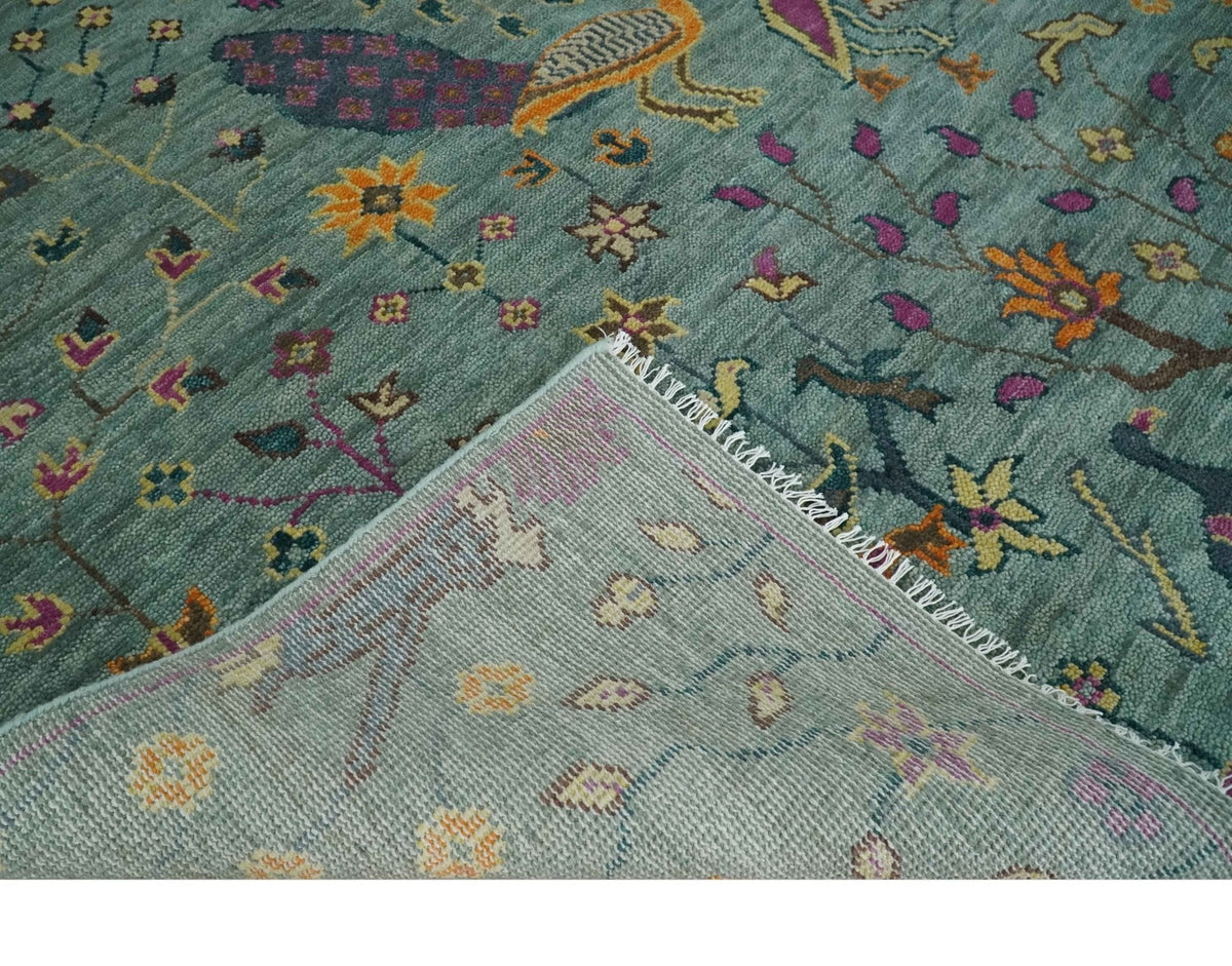 The Jungle Life Peacock on tree Rug Hand Knotted Multi Size Green Wool Rug.