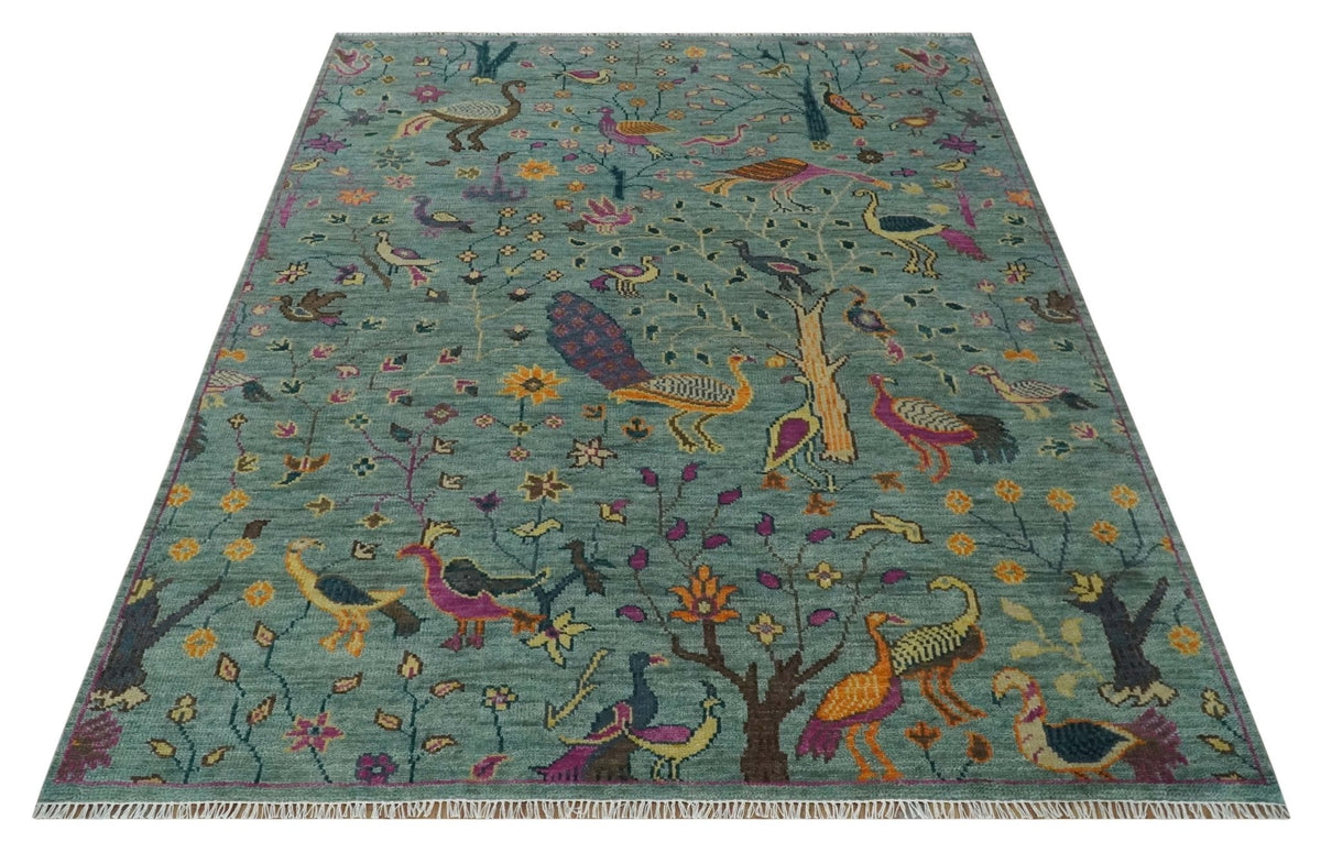 The Jungle Life Peacock on tree Rug Hand Knotted Multi Size Green Wool Rug.