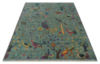 The Jungle Life Peacock on tree Rug Hand Knotted Multi Size Green Wool Rug.