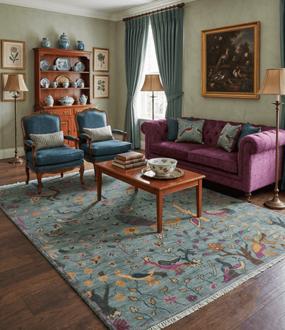 The Jungle Life Peacock on tree Rug Hand Knotted Multi Size Green Wool Rug.