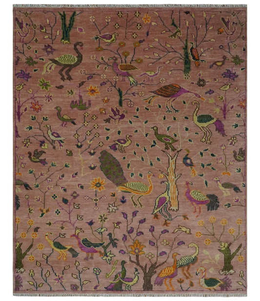 The Jungle Life Peacock on tree Rug Hand Knotted Multi Size Peach Wool Rug.