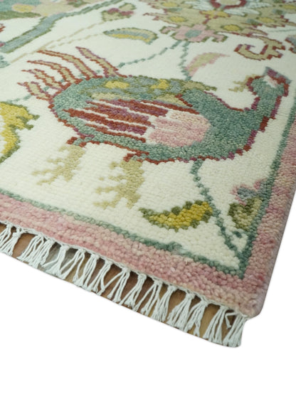 The Peacock Garden Ivory and Green Bird Hand Knotted Multi size Wool Area Rug.
