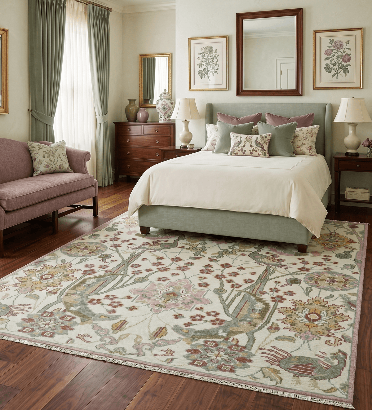 The Peacock Garden Ivory and Green Bird Hand Knotted Multi size Wool Area Rug.