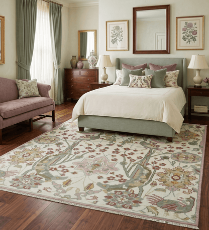 The Peacock Garden Ivory and Green Bird Hand Knotted Multi size Wool Area Rug.