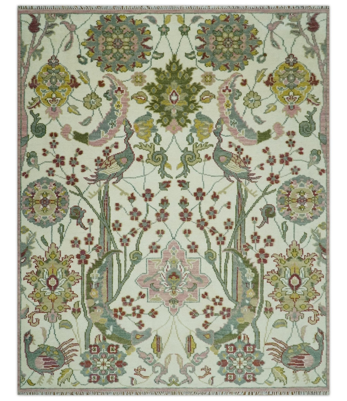 The Peacock Garden Ivory and Green Bird Hand Knotted Multi size Wool Area Rug.