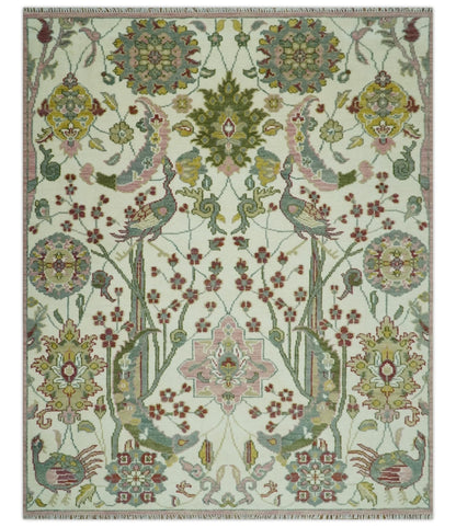 The Peacock Garden Ivory and Green Bird Hand Knotted Multi size Wool Area Rug.