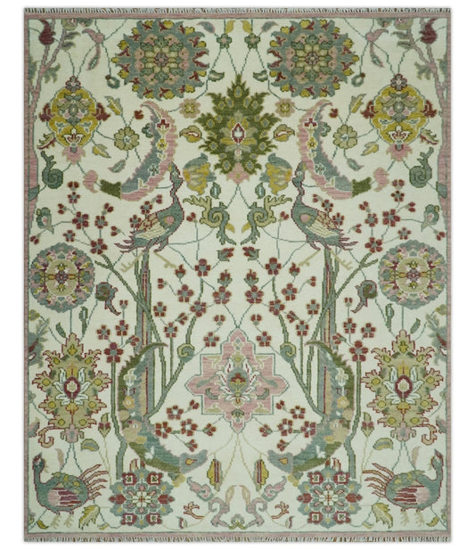 The Peacock Garden Ivory and Green Bird Hand Knotted Multi size Wool Area Rug.