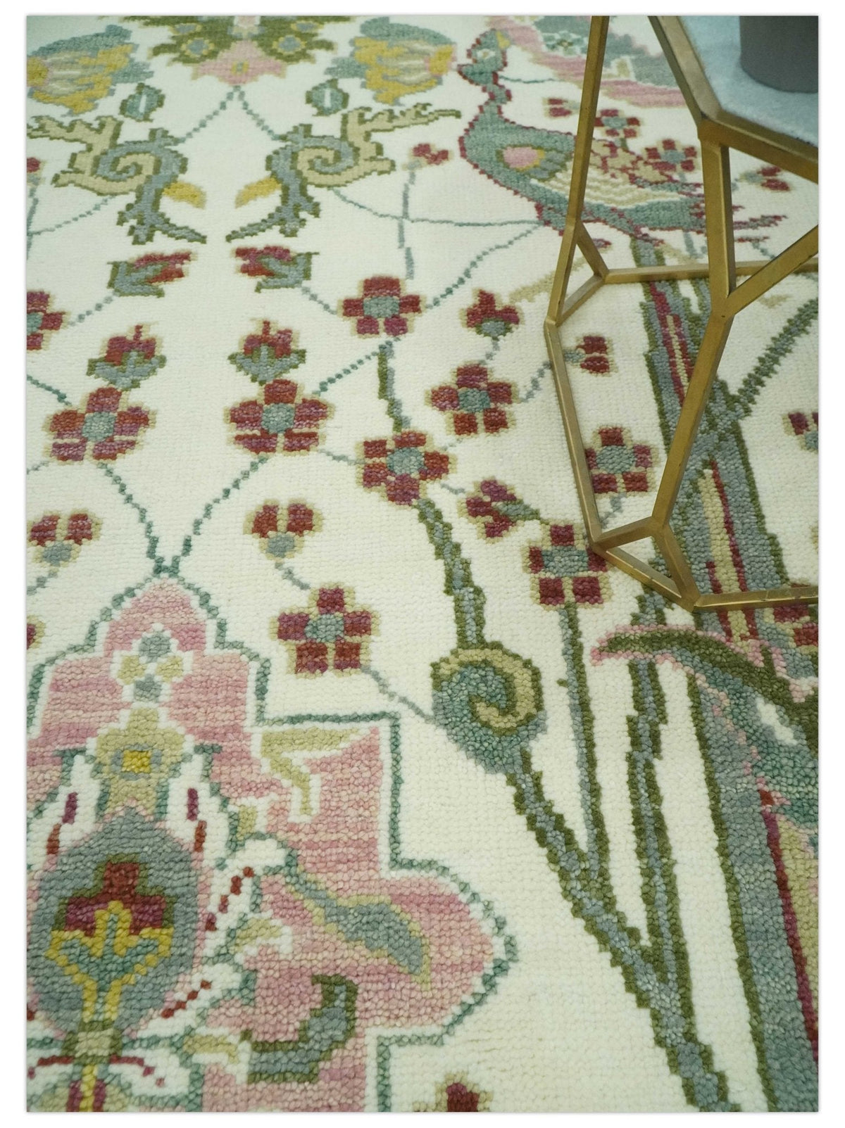 The Peacock Garden Ivory and Green Bird Hand Knotted Multi size Wool Area Rug.
